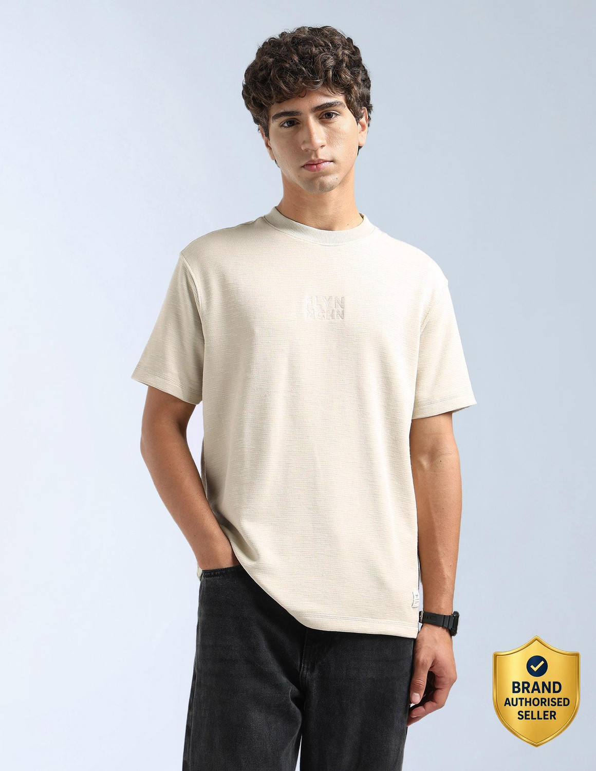 Image of FLYING MACHINE Solid Men Crew Neck Beige T-Shirt