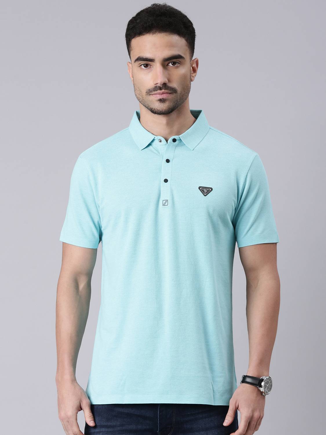 Classic Polo Men Solid Polo Neck Cotton Blend Light Blue T-Shirt
