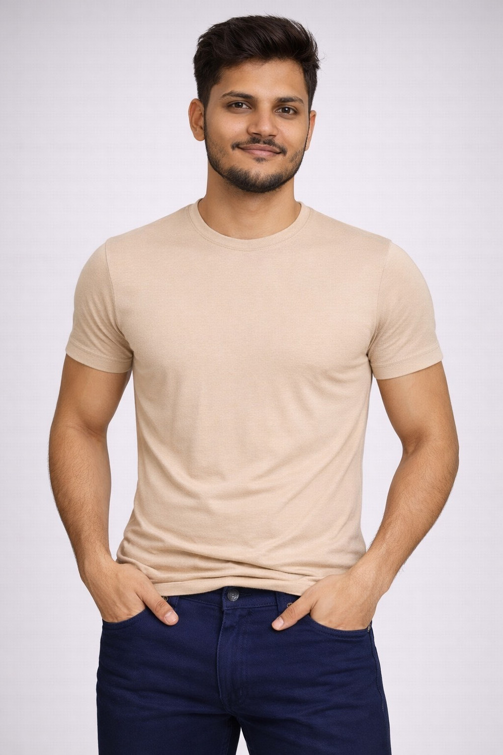 Image of wingpanther Solid Men Round Neck Beige T-Shirt