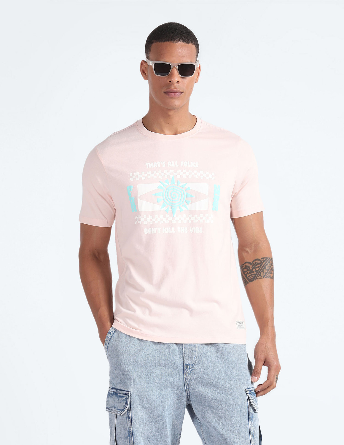 Image of FLYING MACHINE Printed, Typography Men Round Neck Pink T-Shirt