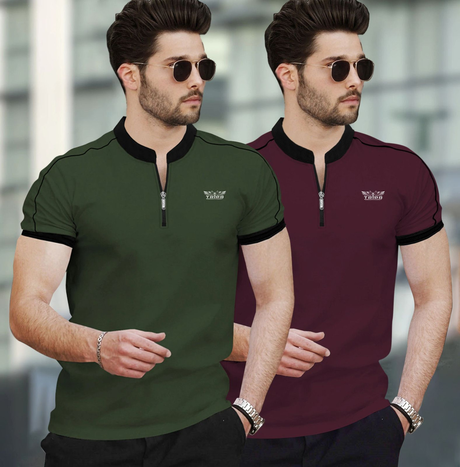 Image of TRIPR Solid Men Mandarin Collar Multicolor T-Shirt
