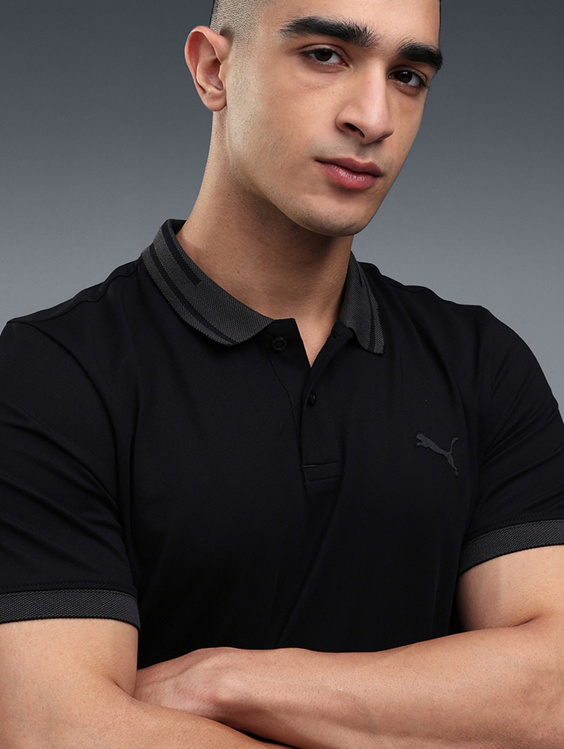 Image of PUMA Men Solid Polo Neck Cotton Blend Black T-Shirt