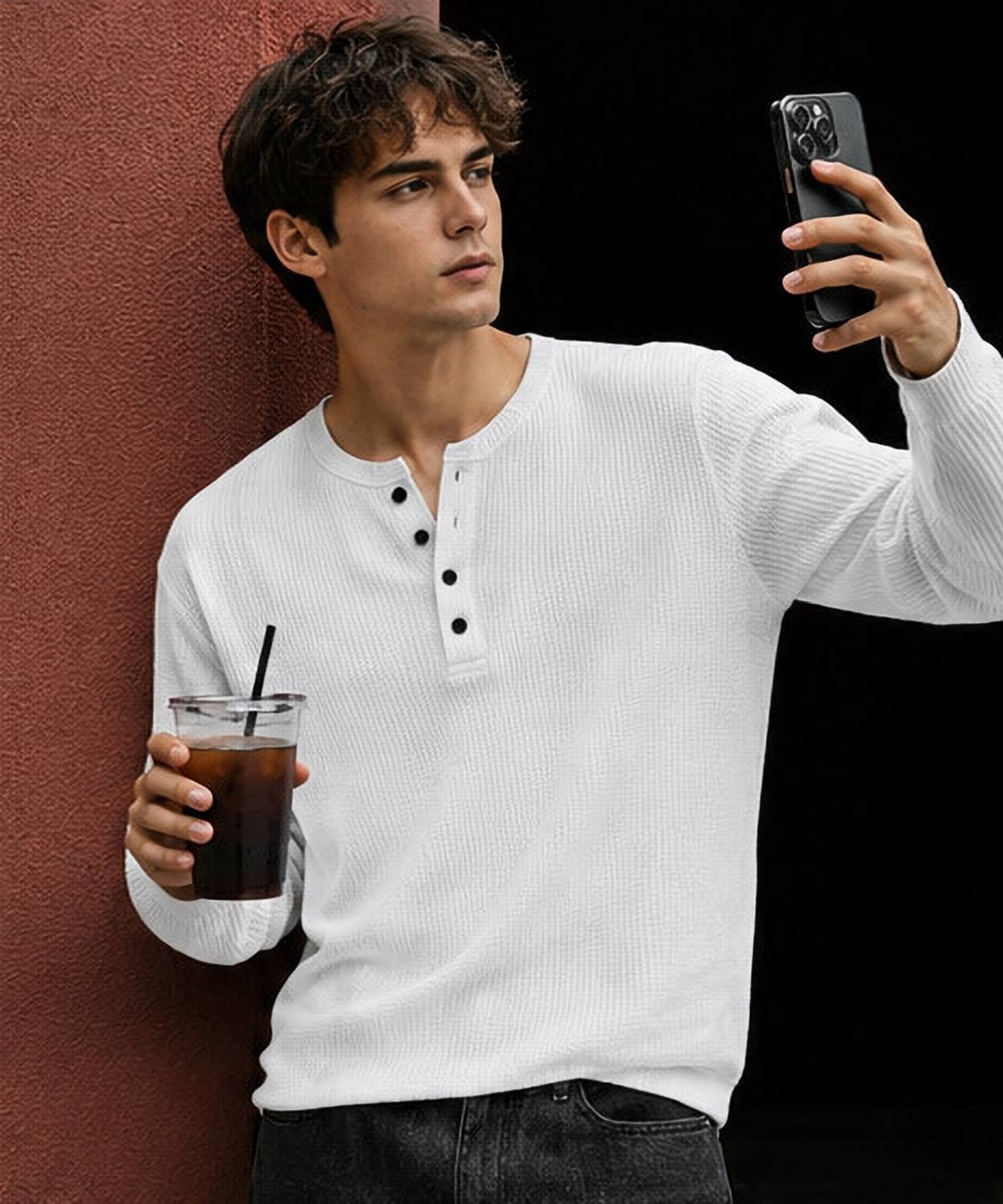 NOOK Men's White Henley Neck T-Shirt - Image 2