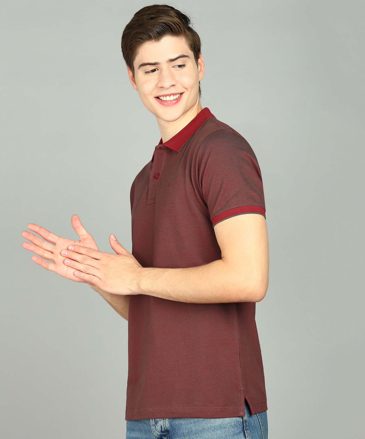 Image of Raymond Self Design Men Polo Neck Maroon T-Shirt