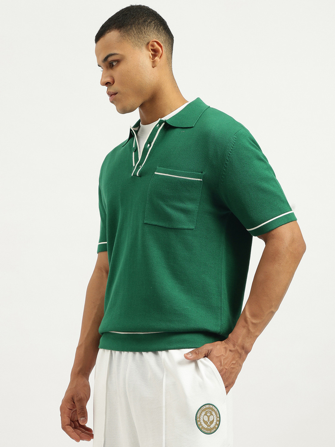 Image of United Colors of Benetton Solid Men Polo Neck Green T-Shirt