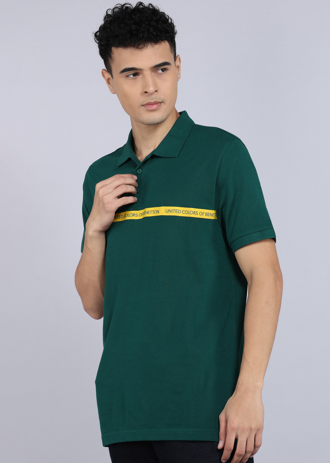 Image of United Colors of Benetton Printed Men Polo Neck Green T-Shirt
