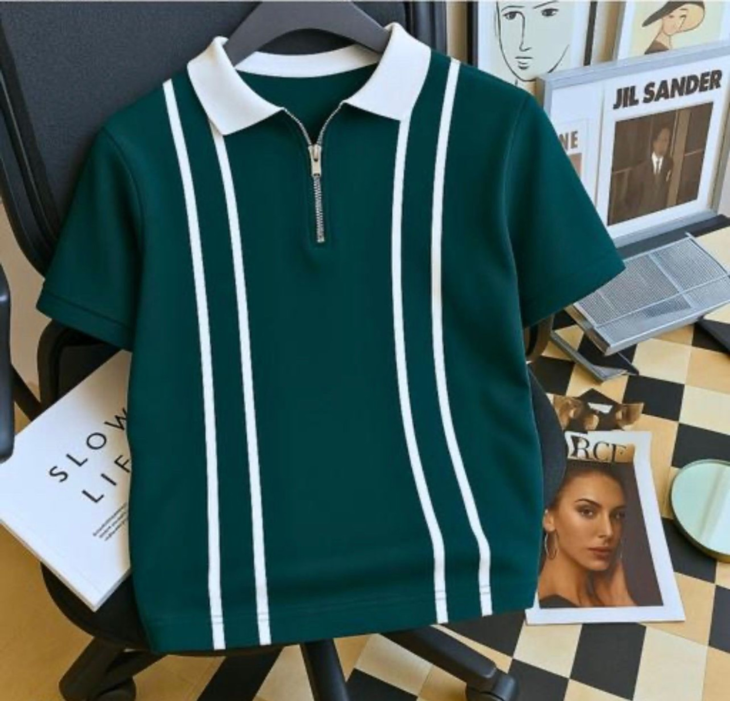 Image of Texfield Striped Men Polo Neck Dark Green T-Shirt