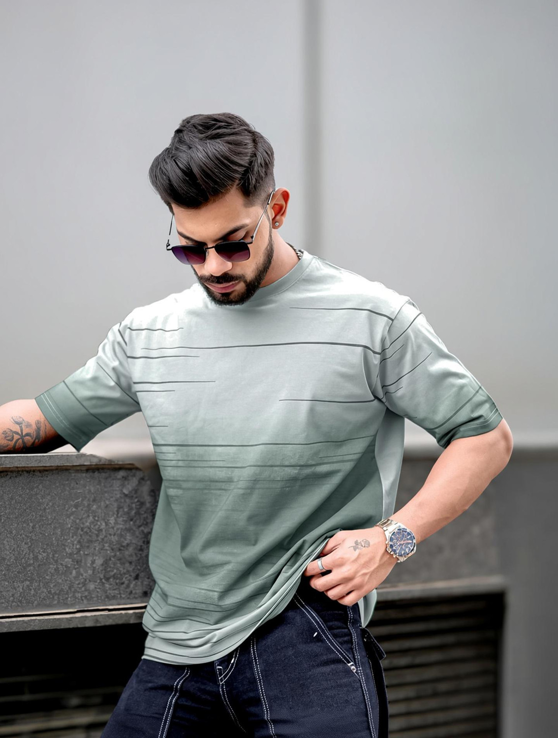 Image of MANIAC Printed Men Round Neck Grey T-Shirt