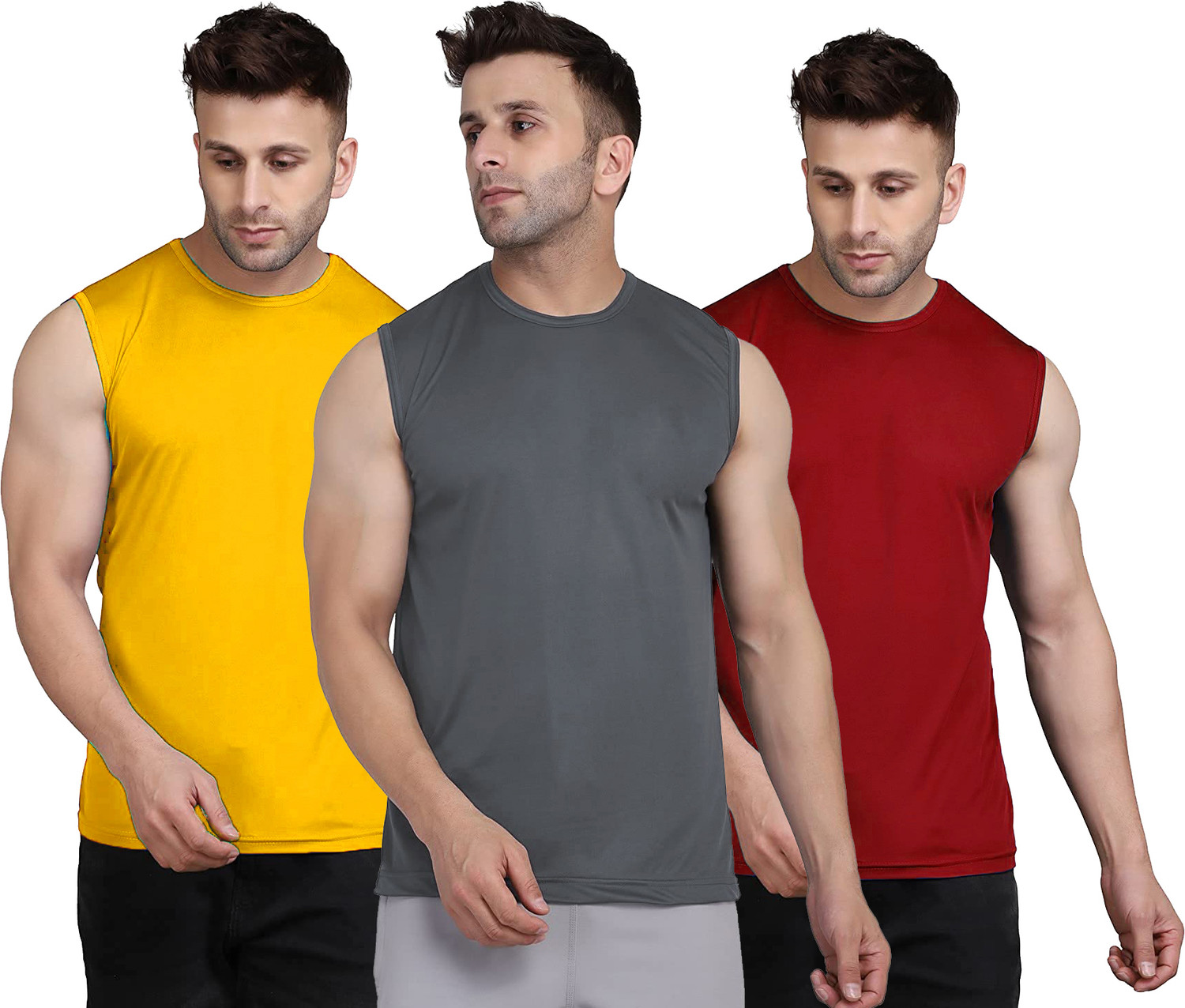 Image of UDI n ADI Solid Men Round Neck Grey, Yellow, Maroon T-Shirt