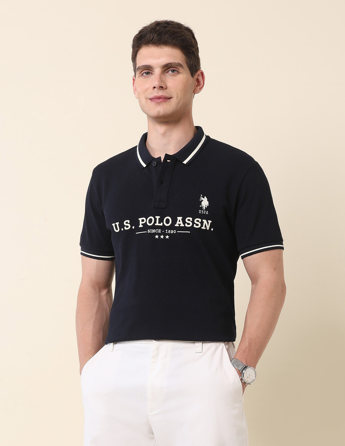 Image of U.S. POLO ASSN. Graphic Print Men Polo Neck Blue T-Shirt