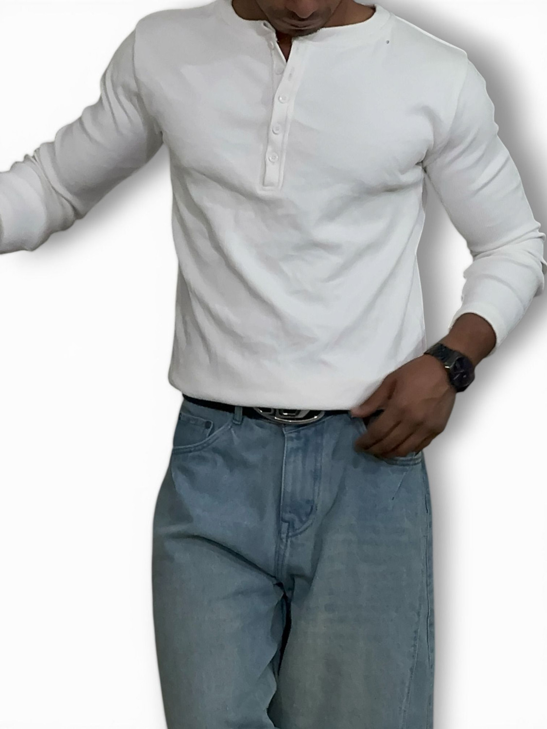 Image of YDWC Solid Men Henley Neck White T-Shirt