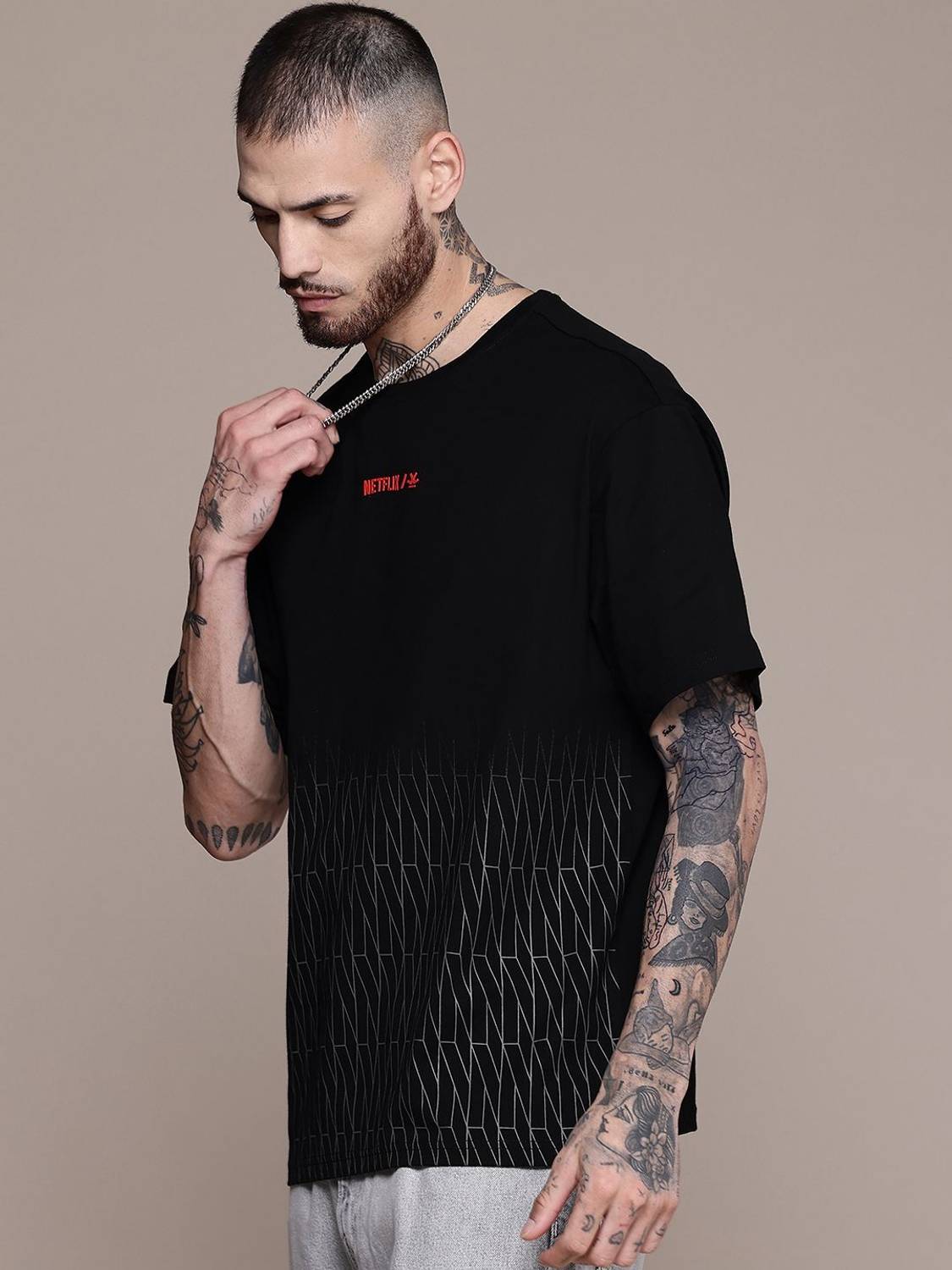 WROGN Men Black Printed Round Neck T-Shirt - Image 3