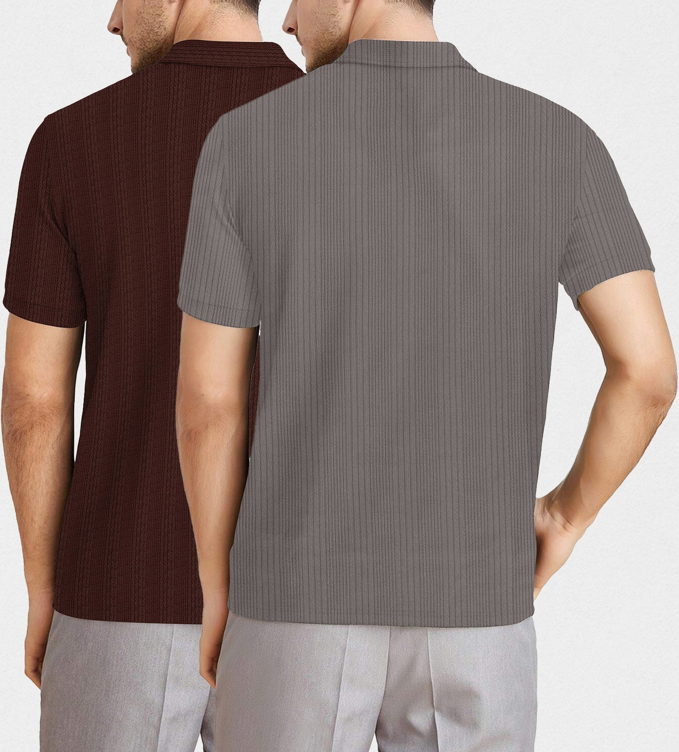 Image of KAJARU Self Design Men Zip Neck Brown, Grey T-Shirt