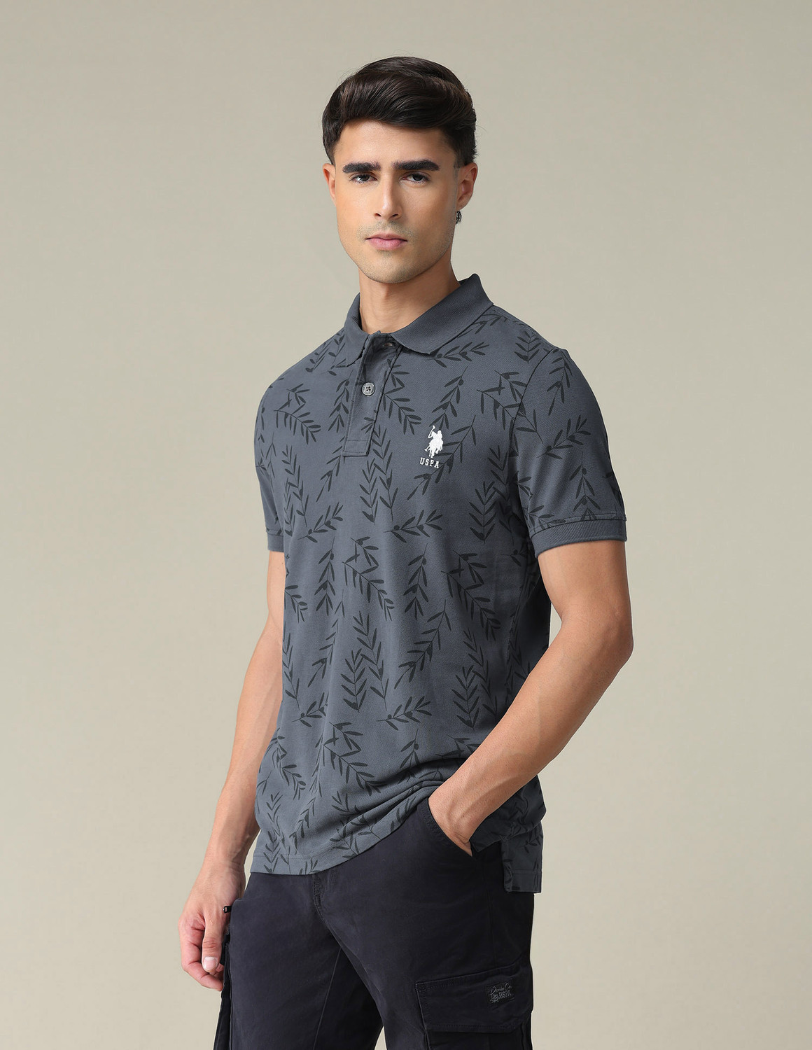 Image of U.S. POLO ASSN. Printed Men Polo Neck Grey T-Shirt