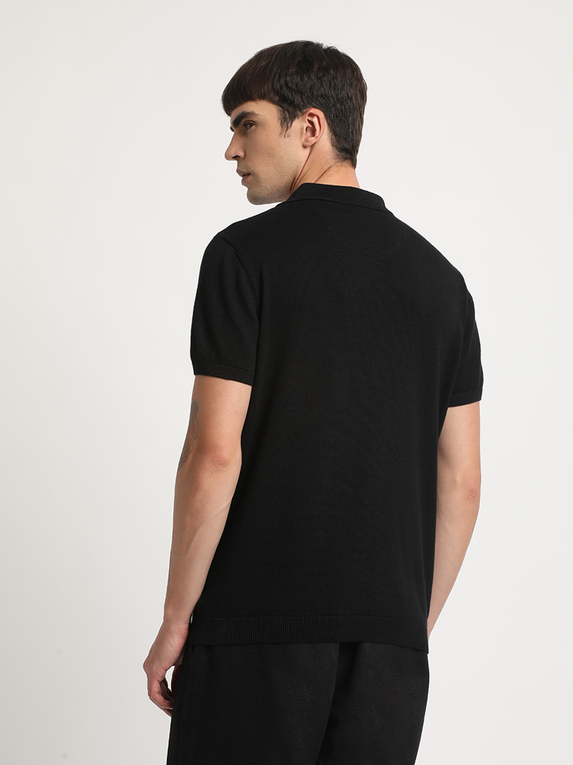 Image of THE BEAR HOUSE Self Design Men Polo Neck Black T-Shirt