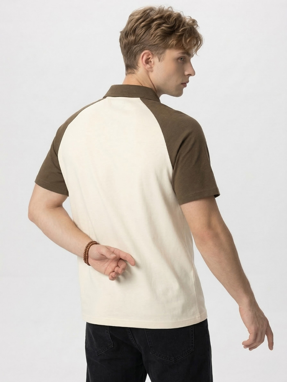 Image of YONGE Colorblock Men Polo Neck Brown T-Shirt