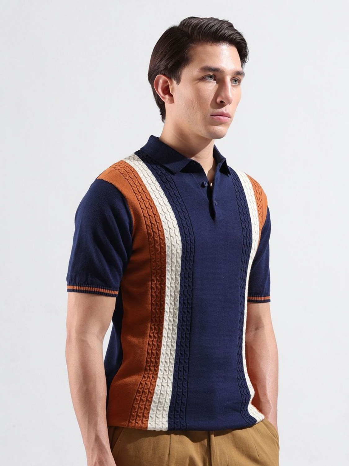 Image of The Indian Garage Co. Self Design Men Polo Neck Blue T-Shirt