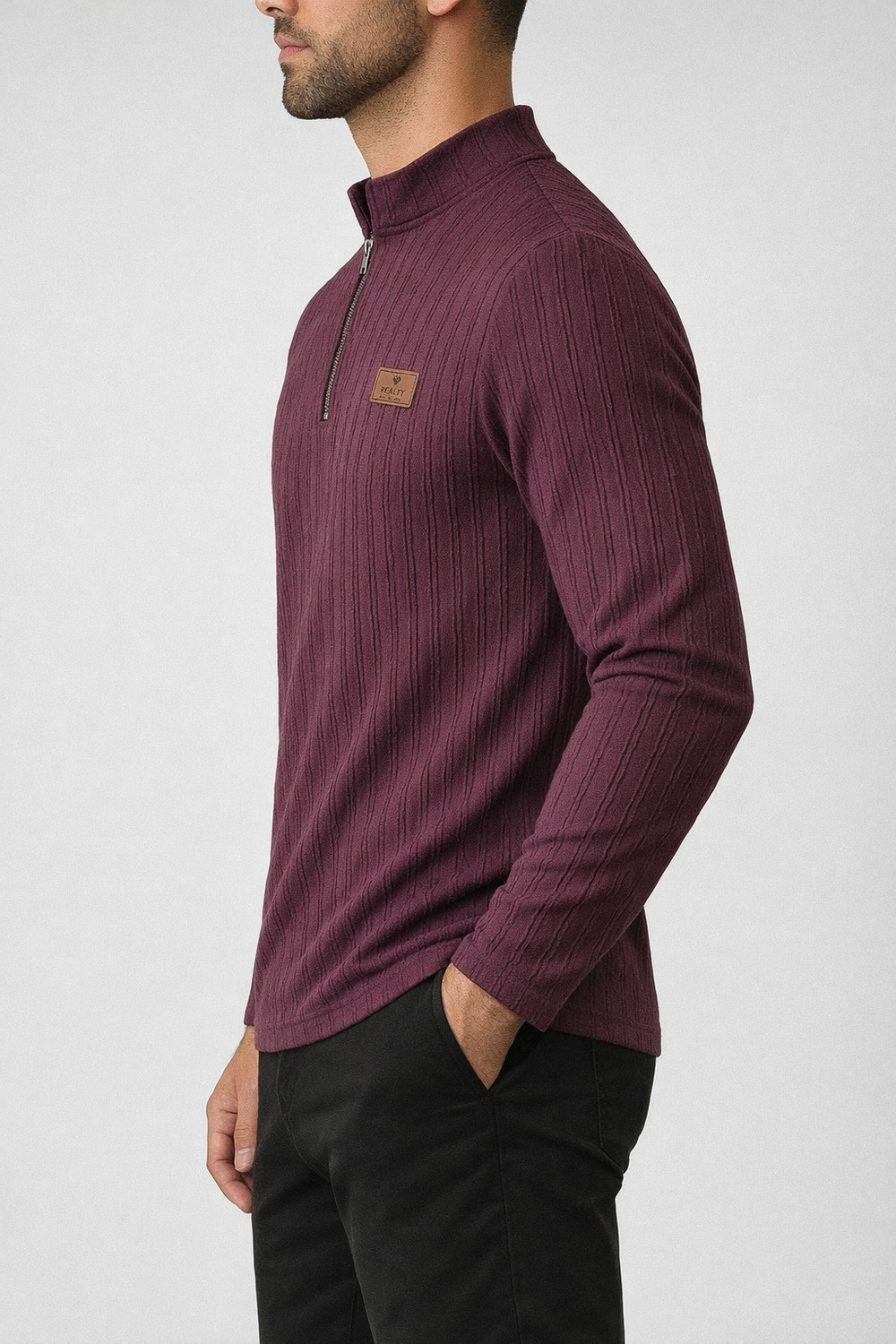 Image of PRAIZY Solid Men Zip Neck Maroon T-Shirt