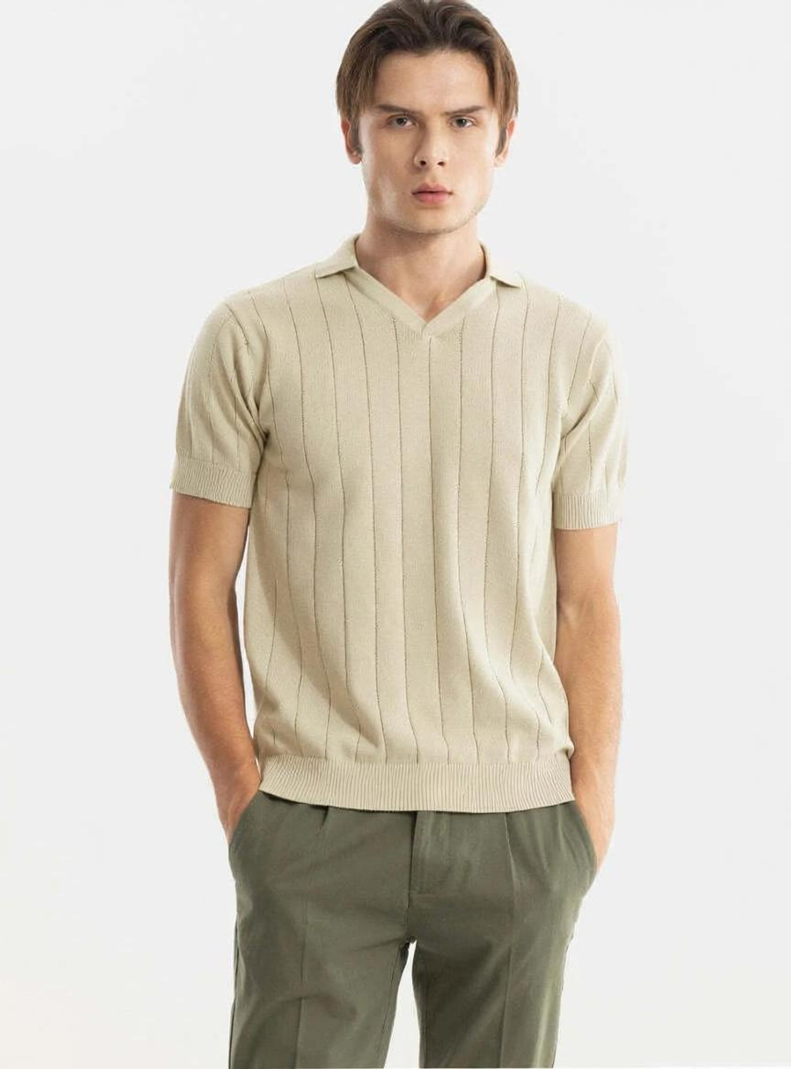 Snitch Striped Men Polo Neck Beige T-Shirt