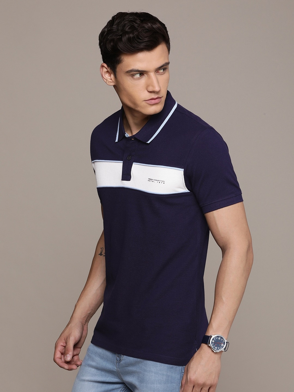 Image of French Connection Colorblock Men Polo Neck Navy Blue T-Shirt