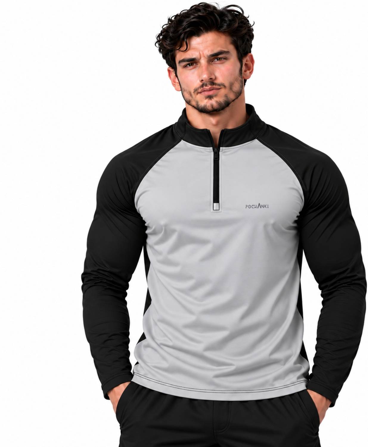 Pochanki Colorblock Men Zip Neck Grey T-Shirt - Buy Pochanki