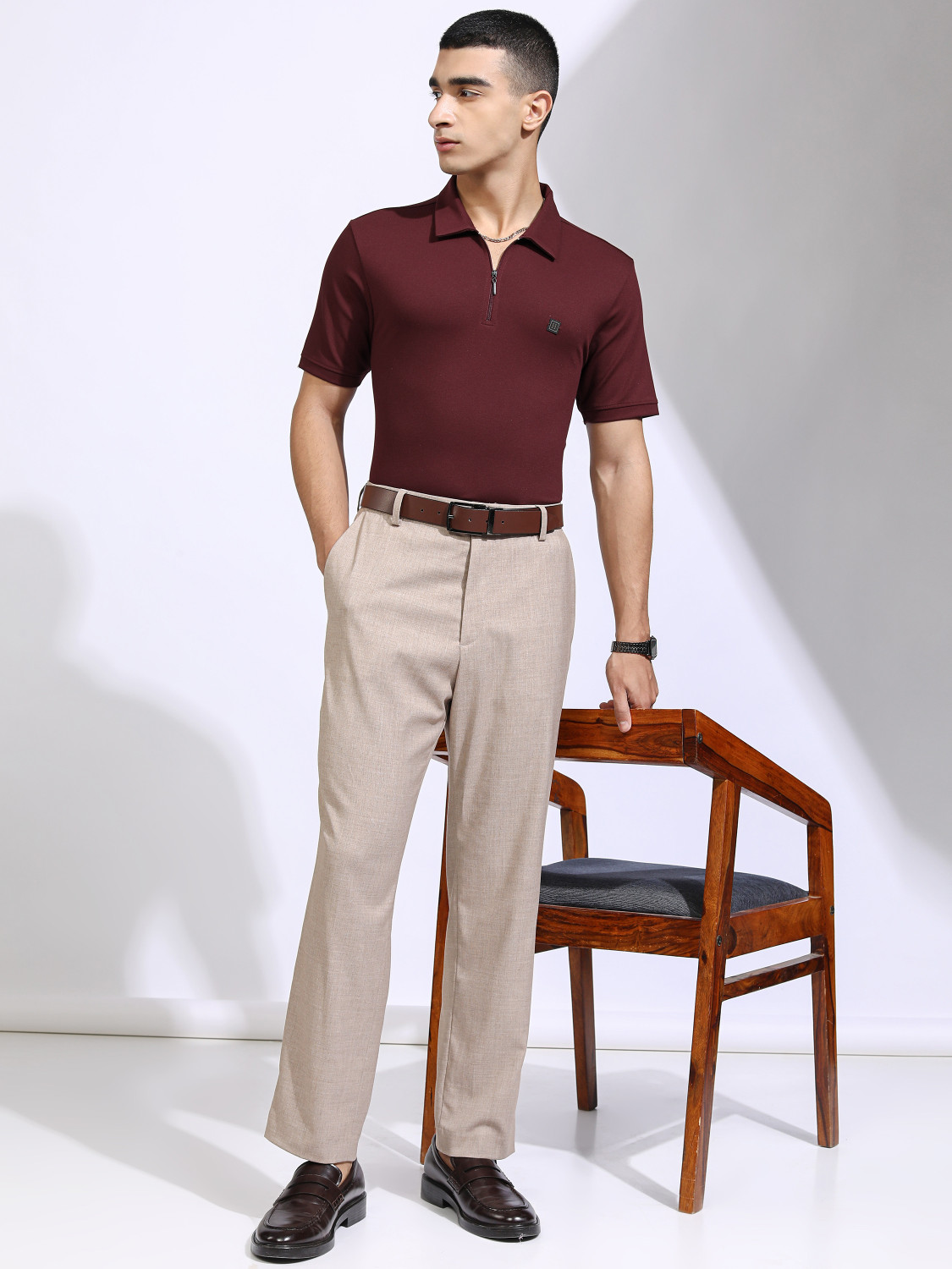 Image of HIGHLANDER Solid Men Polo Neck Maroon T-Shirt