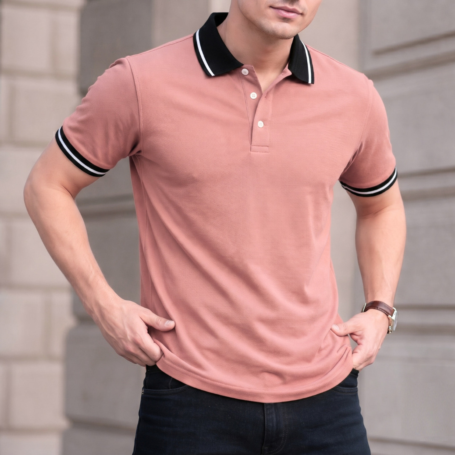 Image of true habit Solid Men Polo Neck Pink T-Shirt