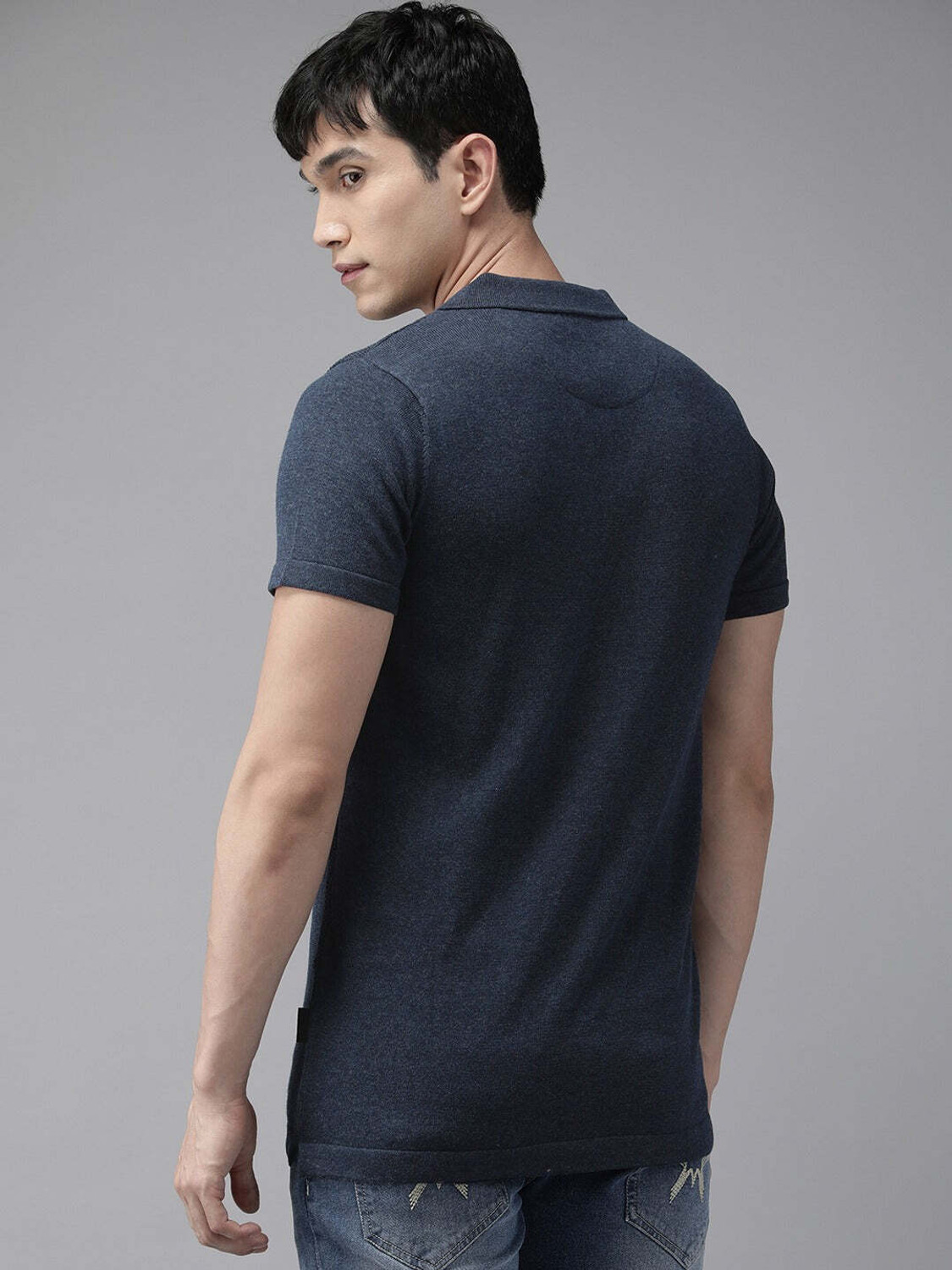 Image of THE BEAR HOUSE Self Design Men Polo Neck Blue T-Shirt