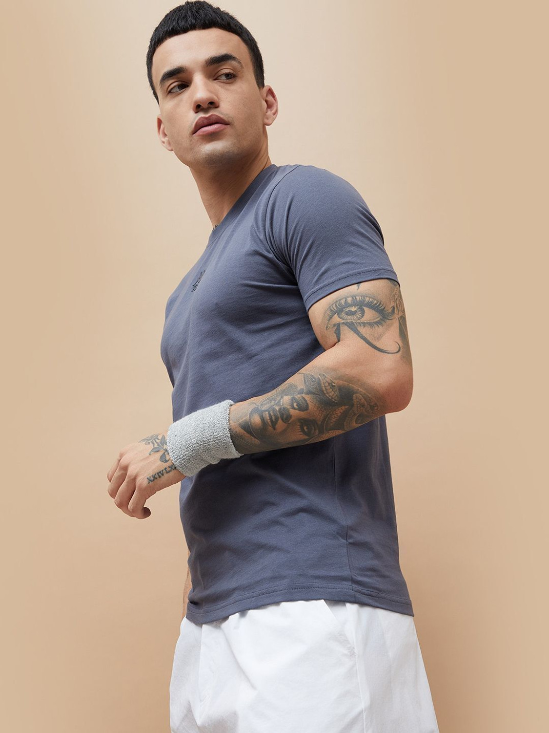 Image of Kappa Solid Men Round Neck Grey T-Shirt