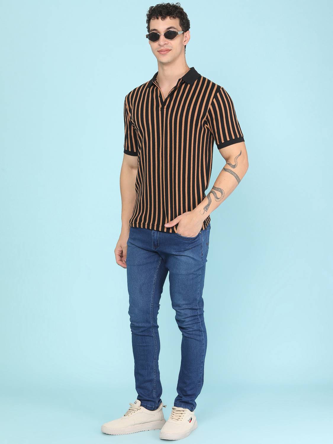V-MART Striped Men Polo Neck Black T-Shirt - Image 5