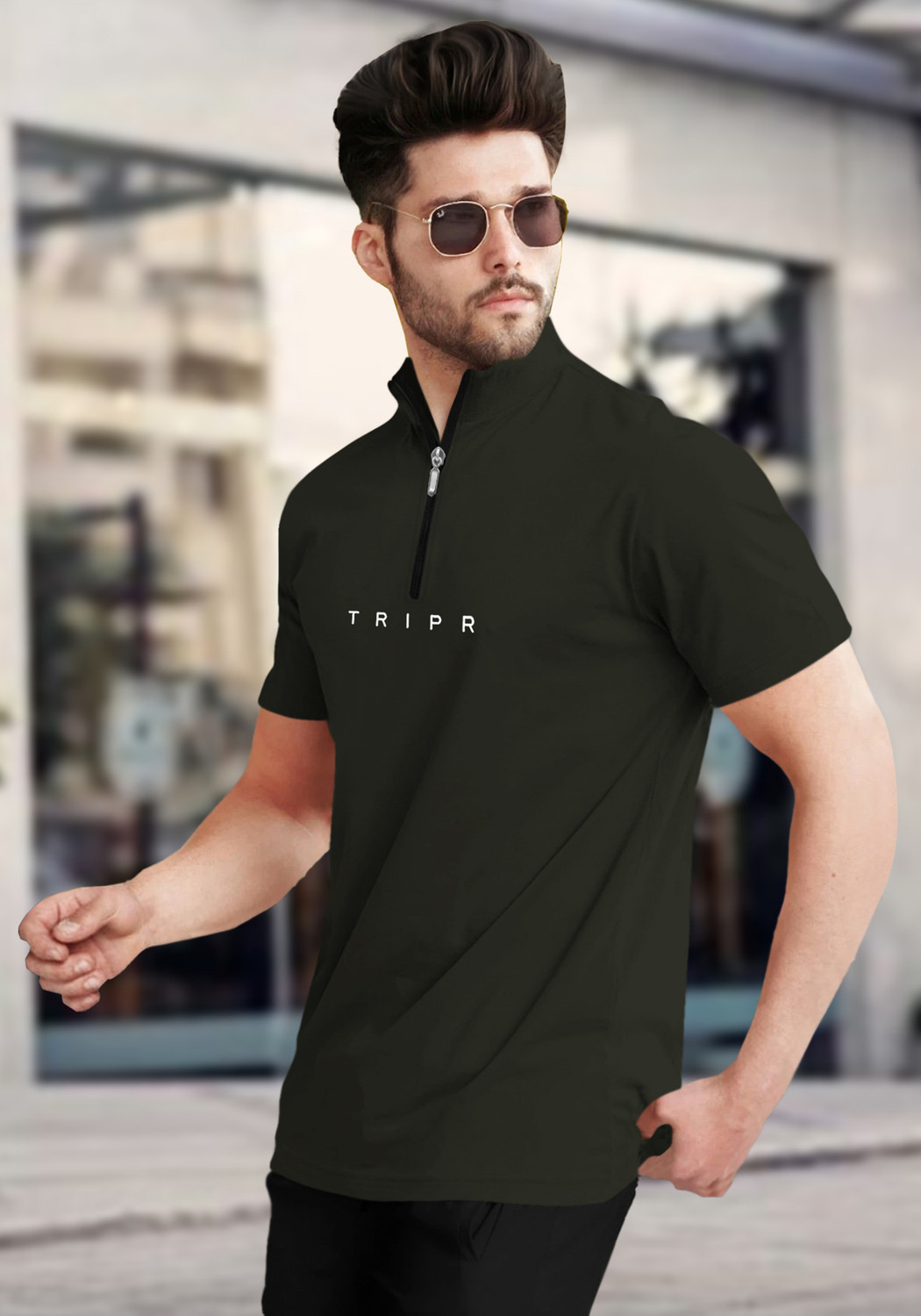 Image of TRIPR Solid Men Henley Neck Dark Green T-Shirt