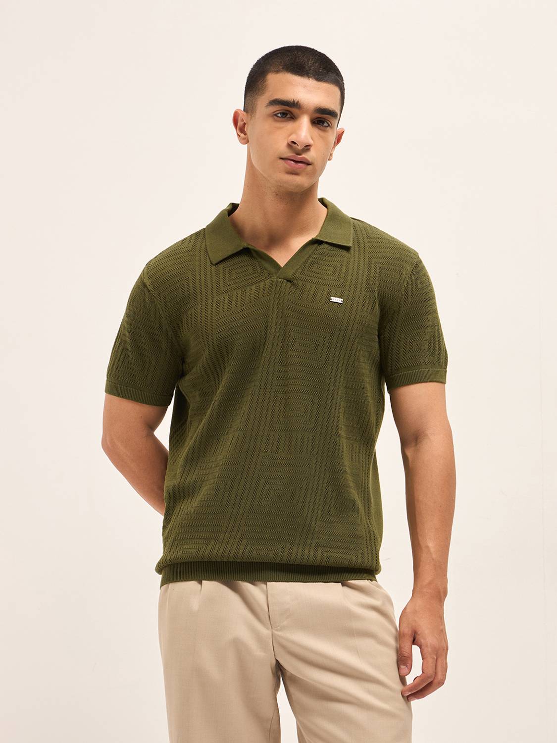 THE BEAR HOUSE Self Design Men Polo Neck Yellow T-Shirt