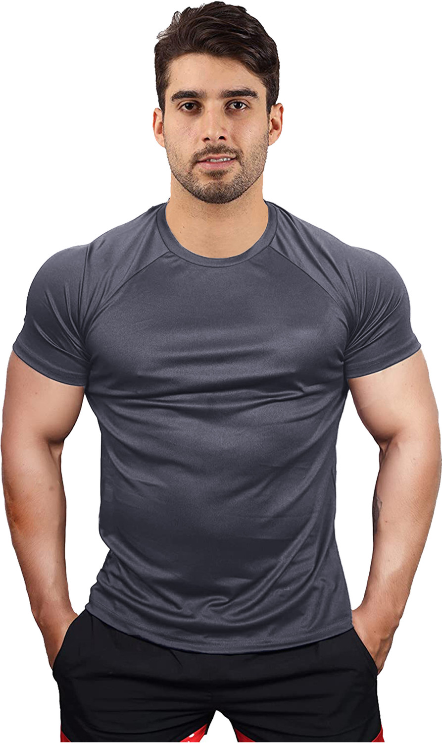 Image of UDI n ADI Solid Men Round Neck Black, Grey, Red T-Shirt