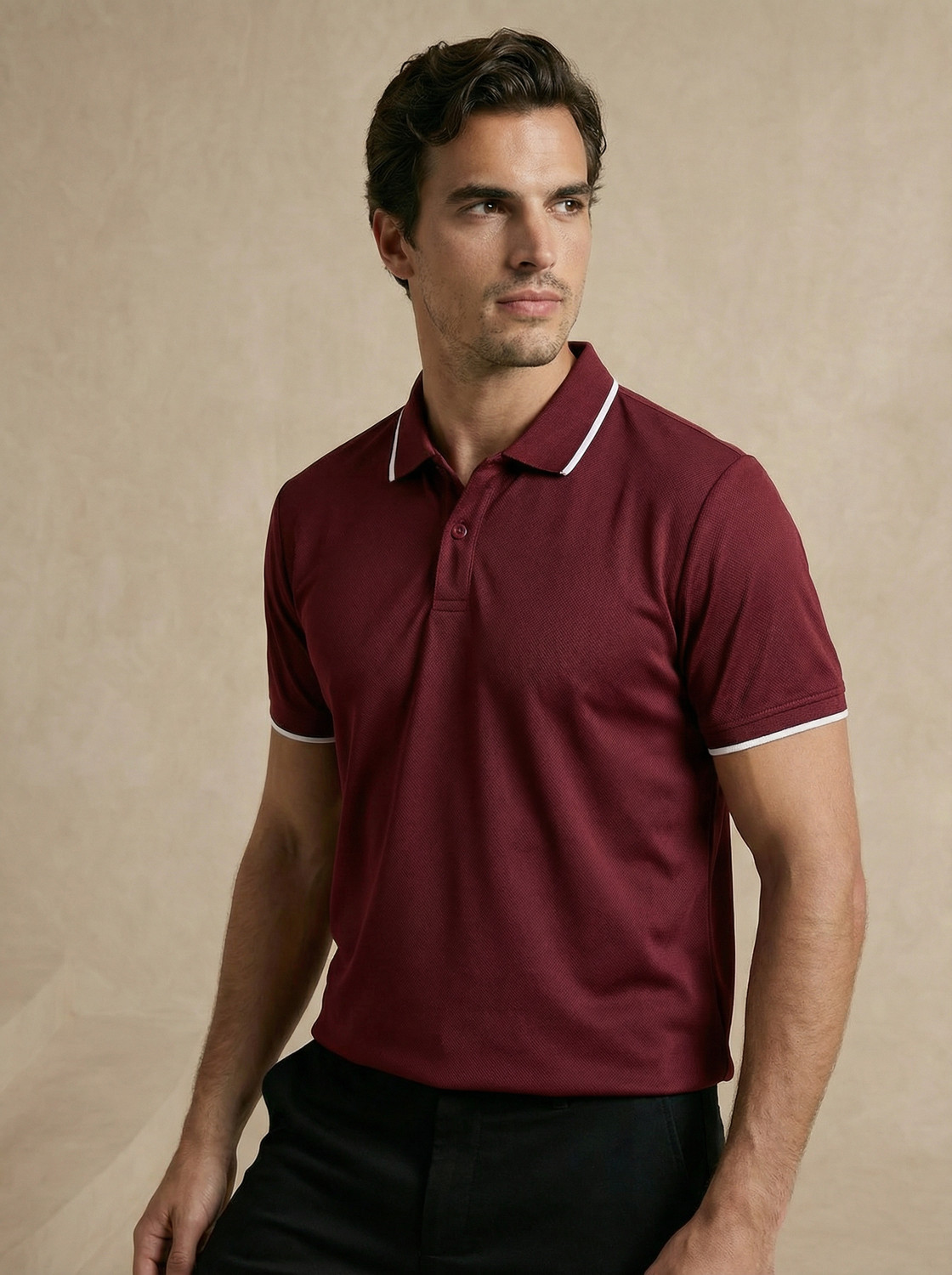 Image of CXL Self Design Men Polo Neck Maroon T-Shirt