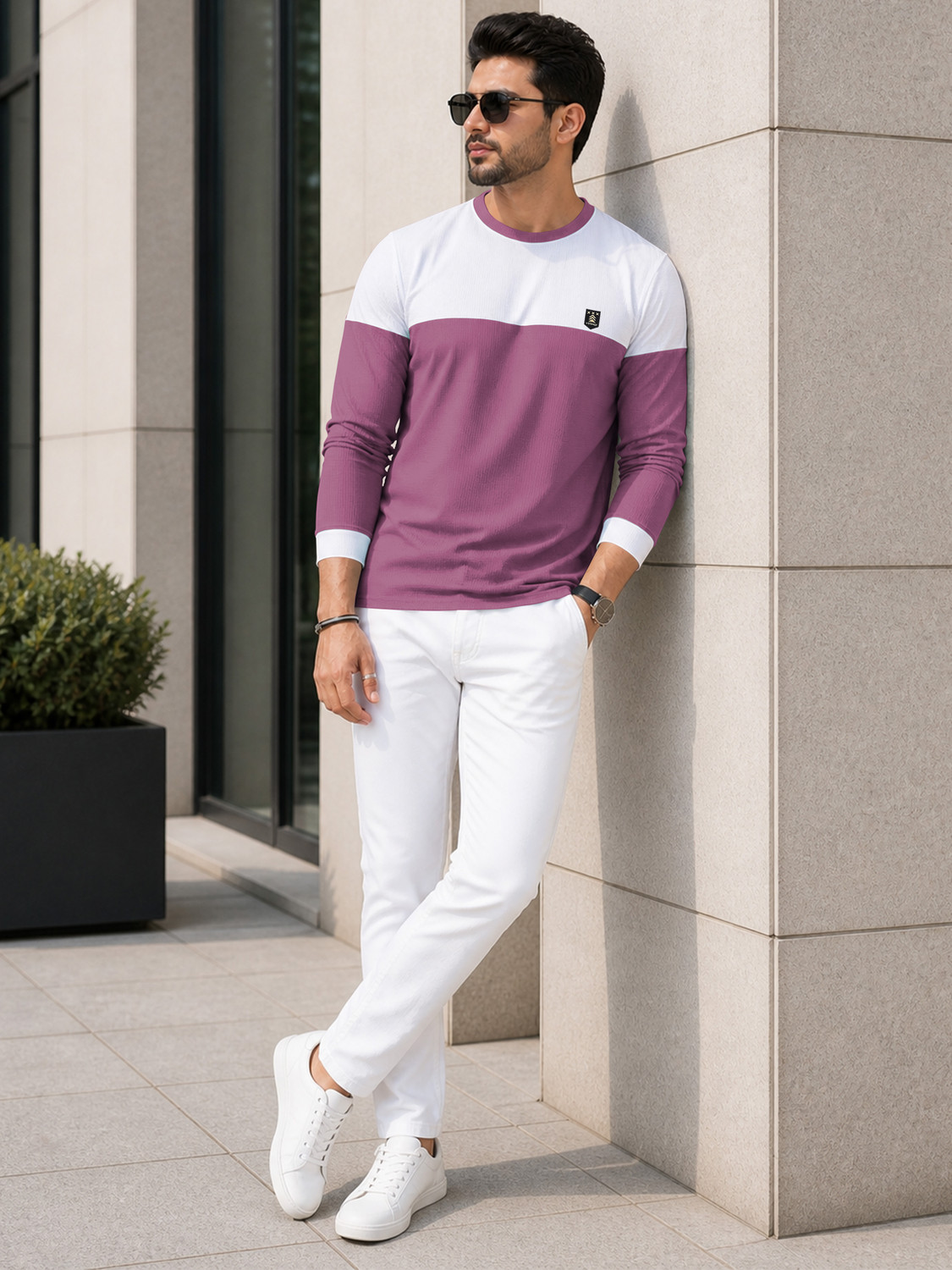 Image of VeBNoR Colorblock Men Round Neck Purple T-Shirt