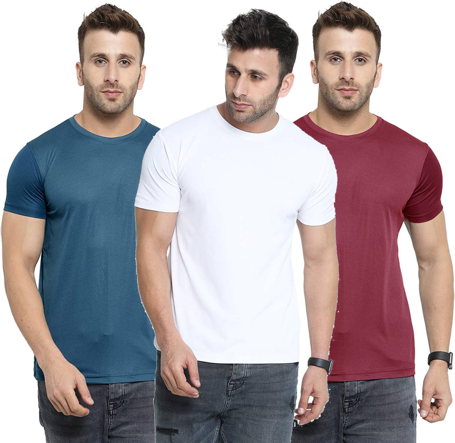 Renowned Pack of 3 Men Solid Round Neck Polyester Dark Blue, Whit