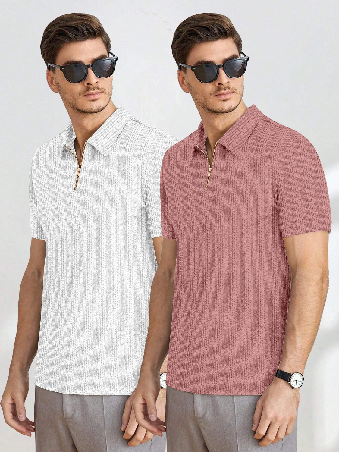 Image of COMBRAIDED Striped Men Zip Neck Light Green T-Shirt