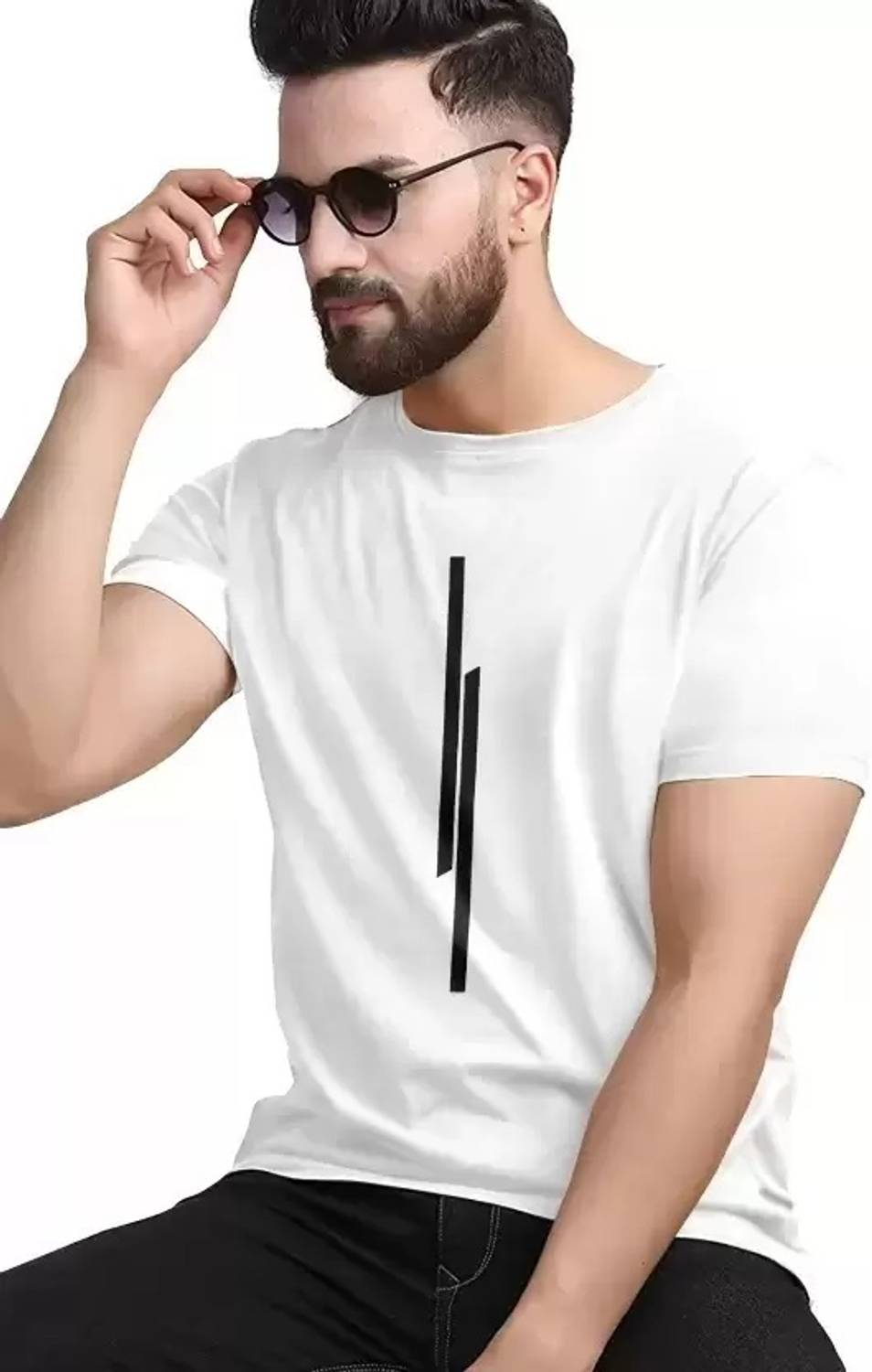 REVIZO Men Printed Round Neck Polyester White T-Shirt