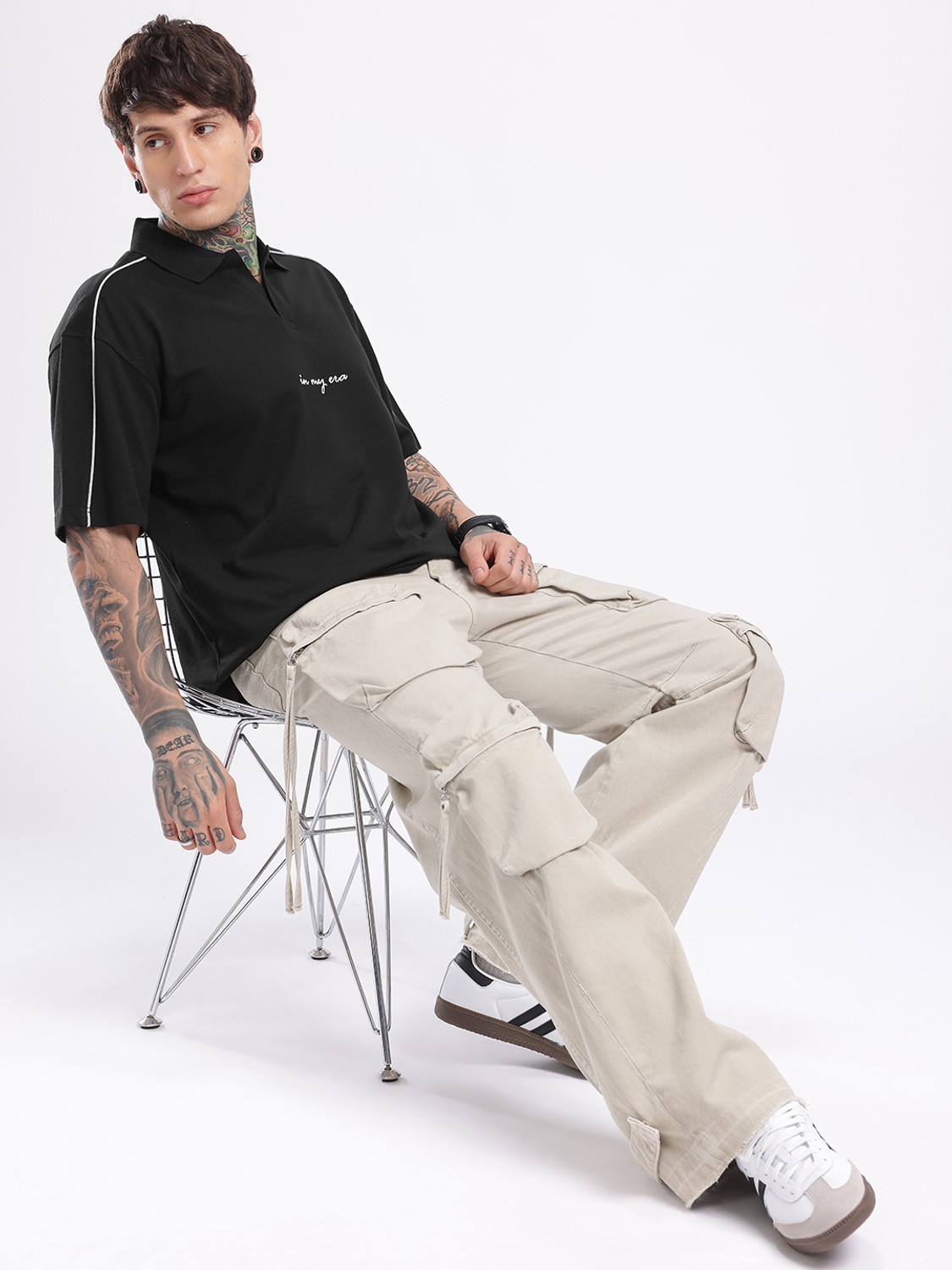 Image of Glitchez Embroidered Men Polo Neck Black T-Shirt