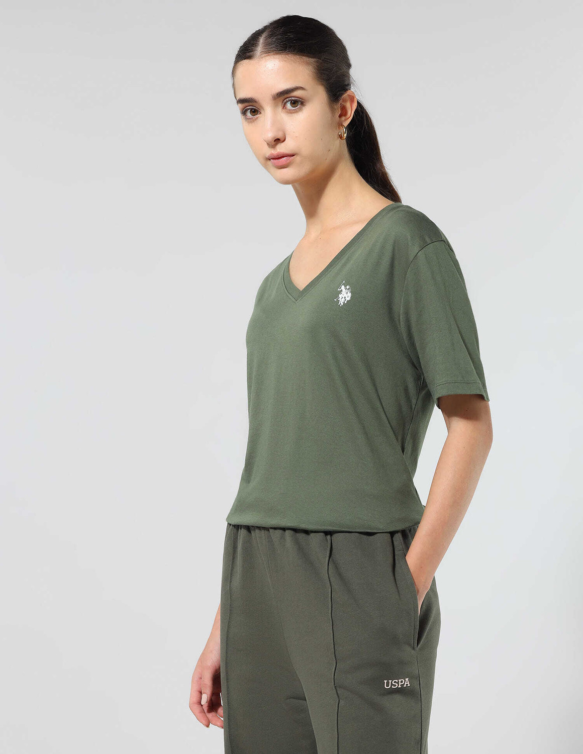Image of U.S. POLO ASSN. Printed Women V Neck Green T-Shirt