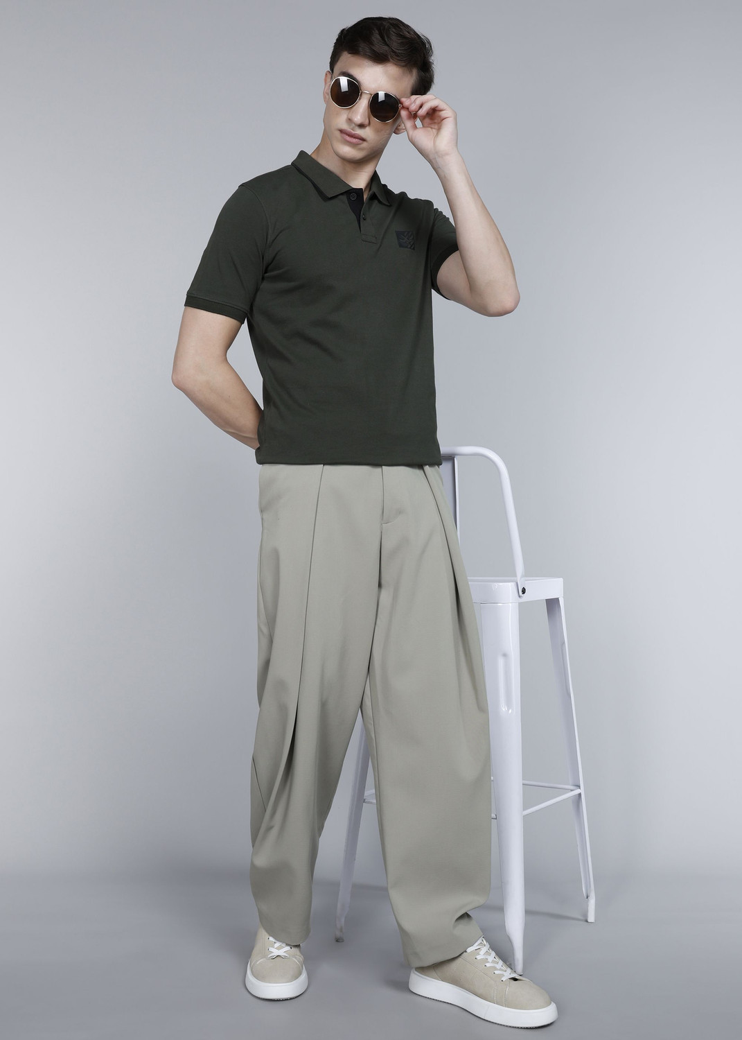 Image of WROGN Men Solid Polo Neck Pure Cotton Green T-Shirt