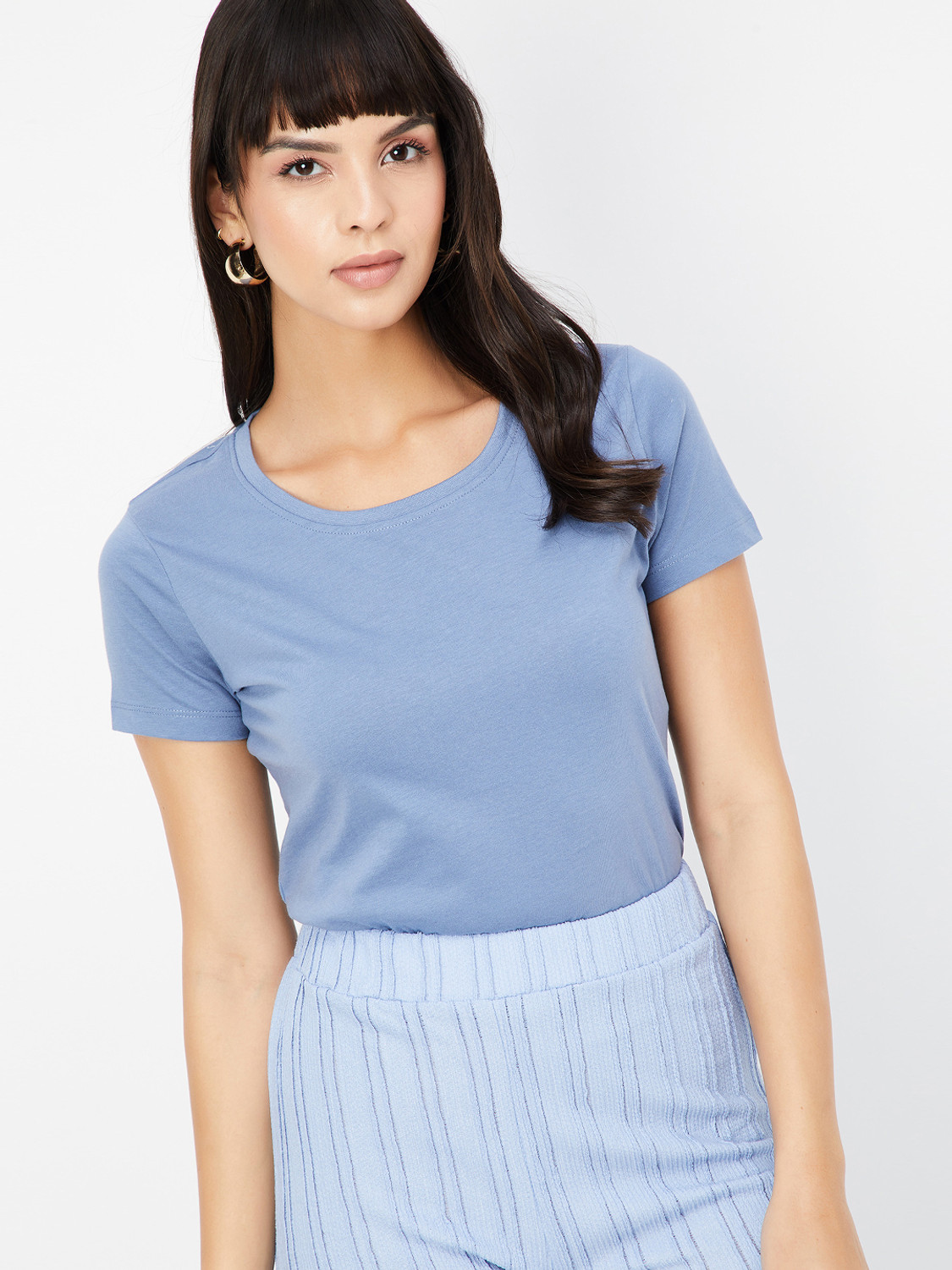 Image of MAX Solid Women Round Neck Blue T-Shirt