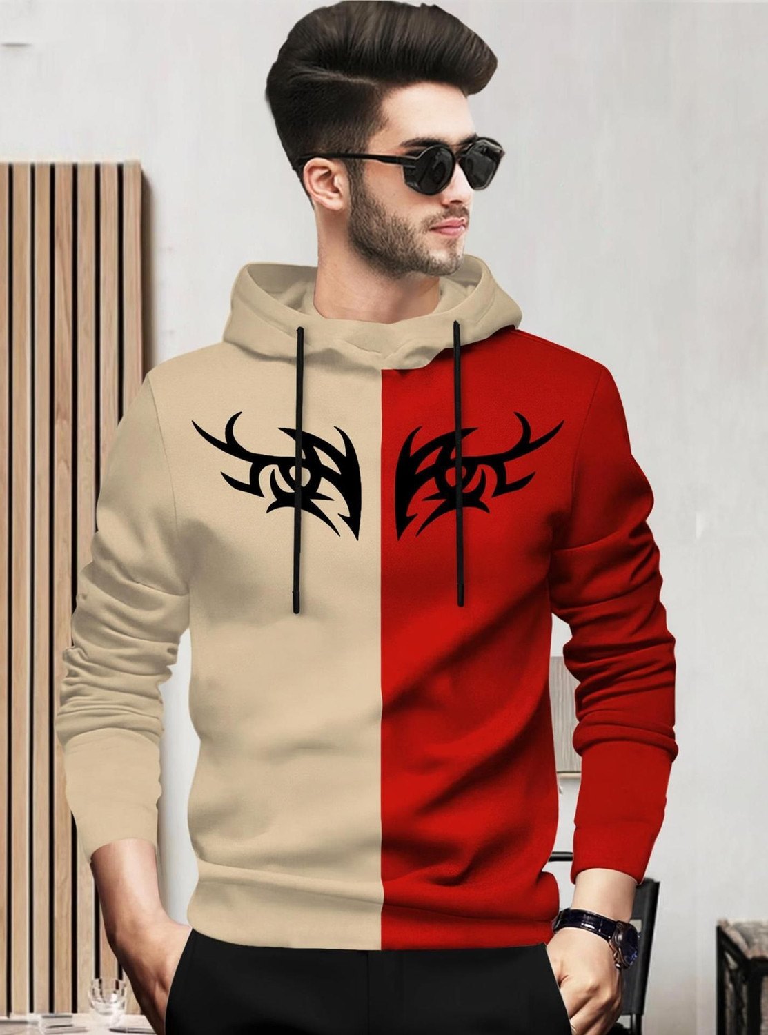 Image of BLIVE Printed Men Hooded Neck Beige, Red T-Shirt