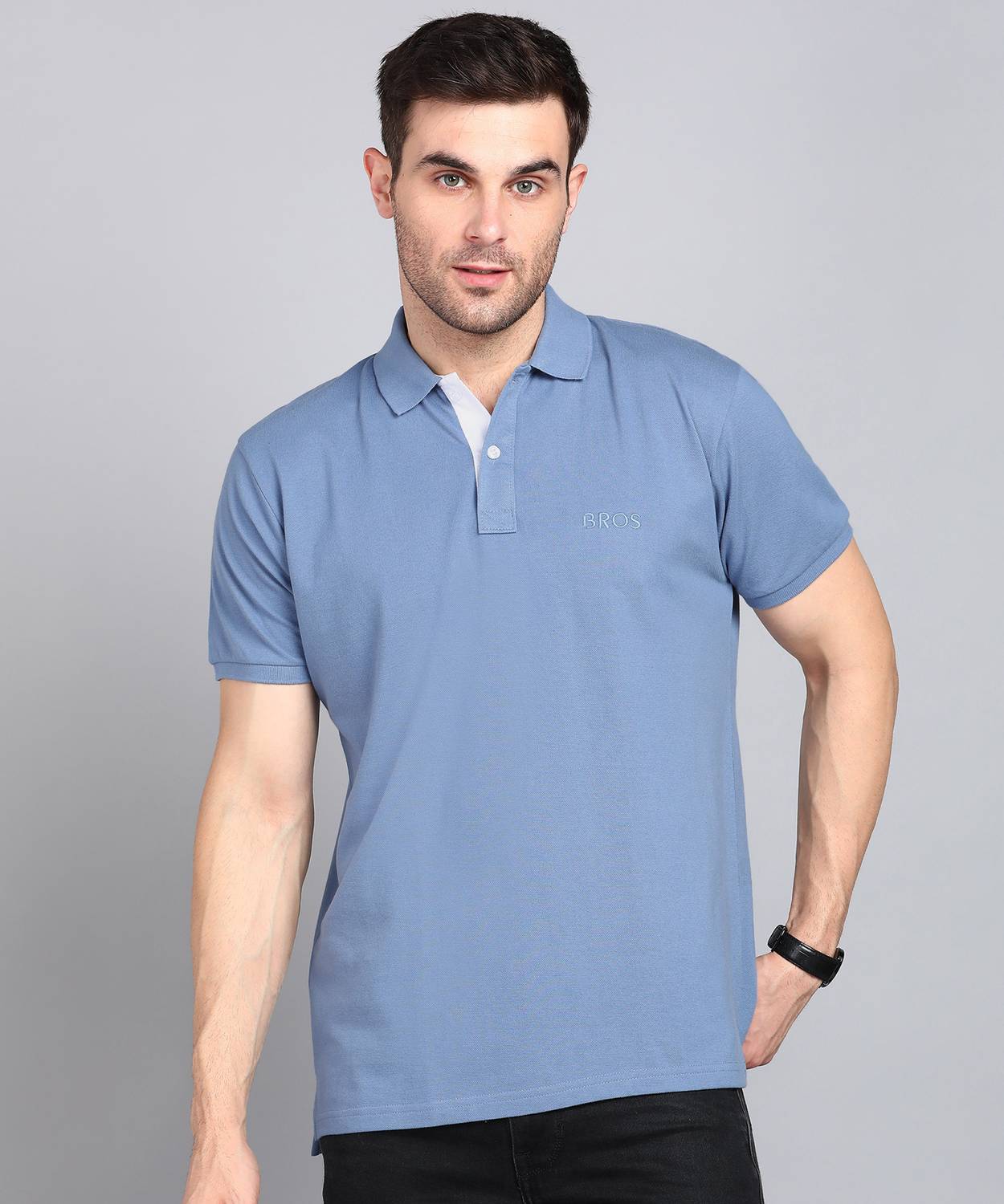 3BROS Men Solid Polo Neck Cotton Blend Light Blue T-Shirt