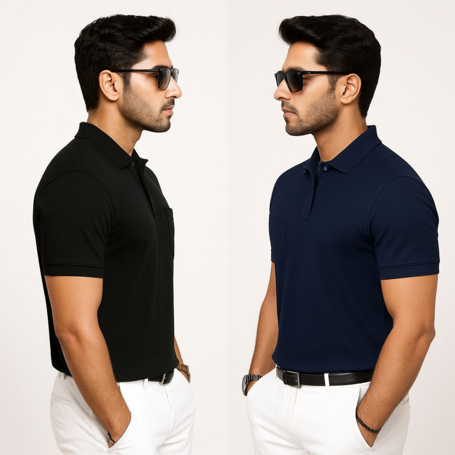 Image of SHARX TRENDS Solid Men Polo Neck Black, Navy Blue T-Shirt