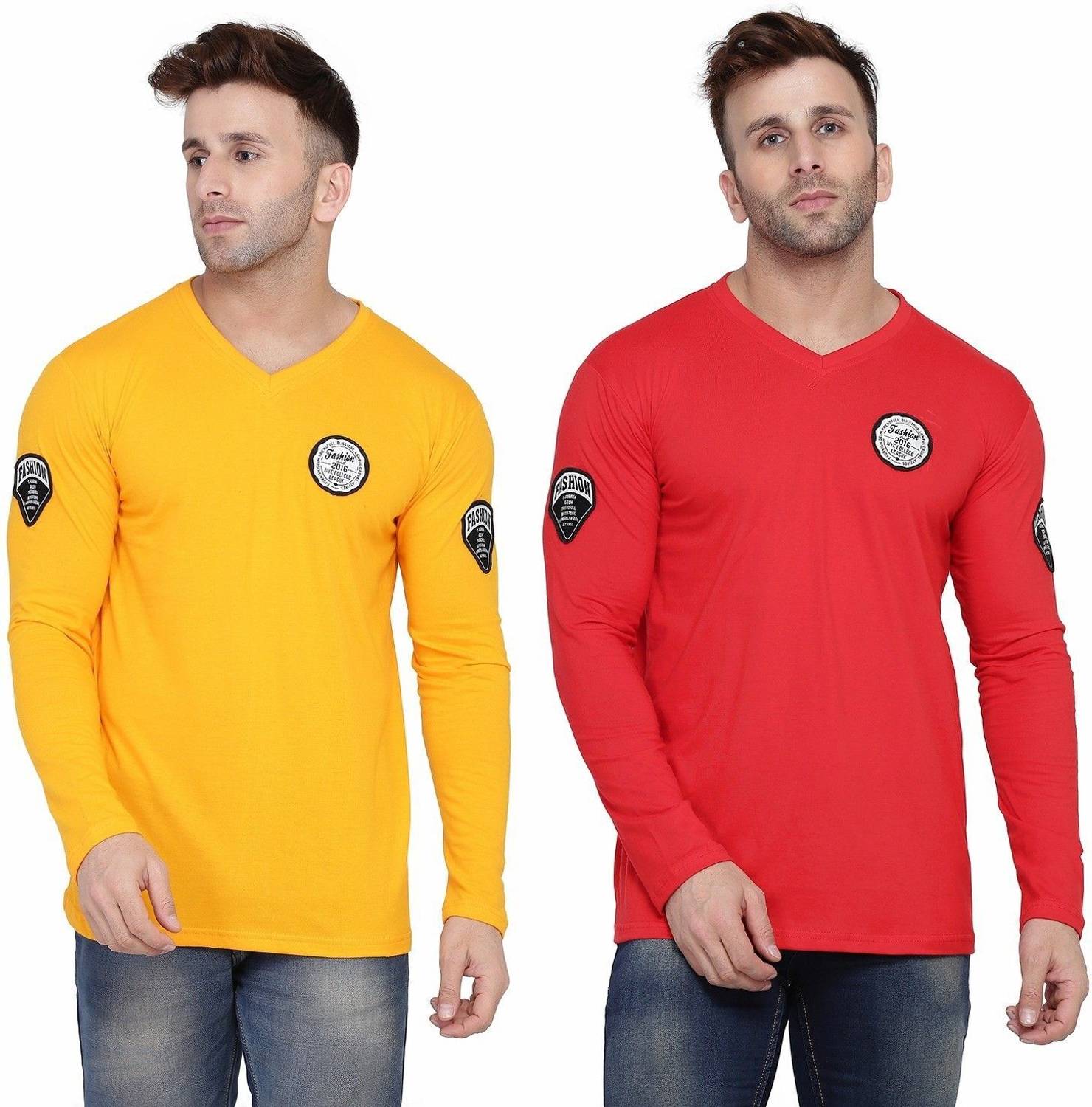 Teacherfab Solid Men V Neck Red, Yellow T-Shirt