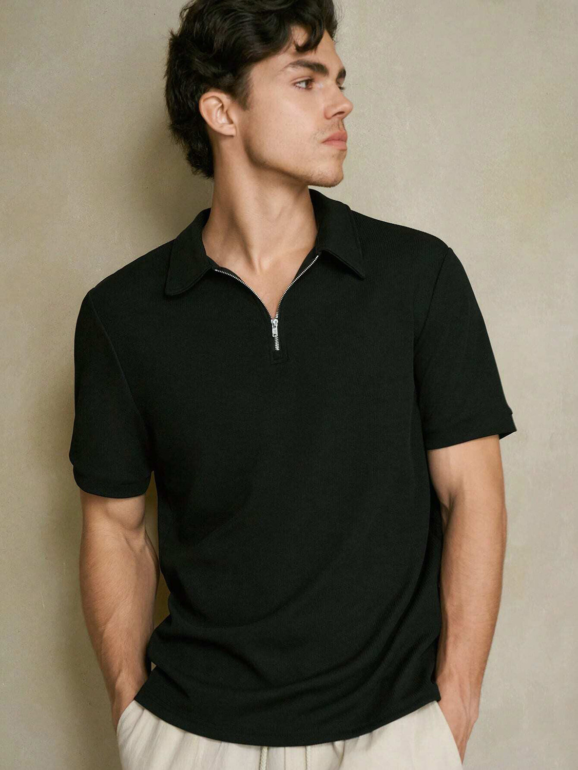 Image of Ogha Solid Men Polo Neck Black T-Shirt