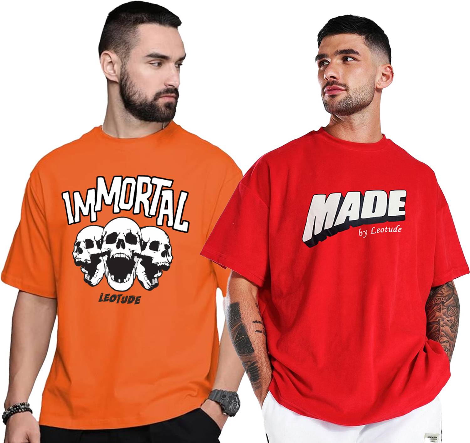 Leotude Pack of 2 Men Printed Round Neck Cotton Blend Orange, Red