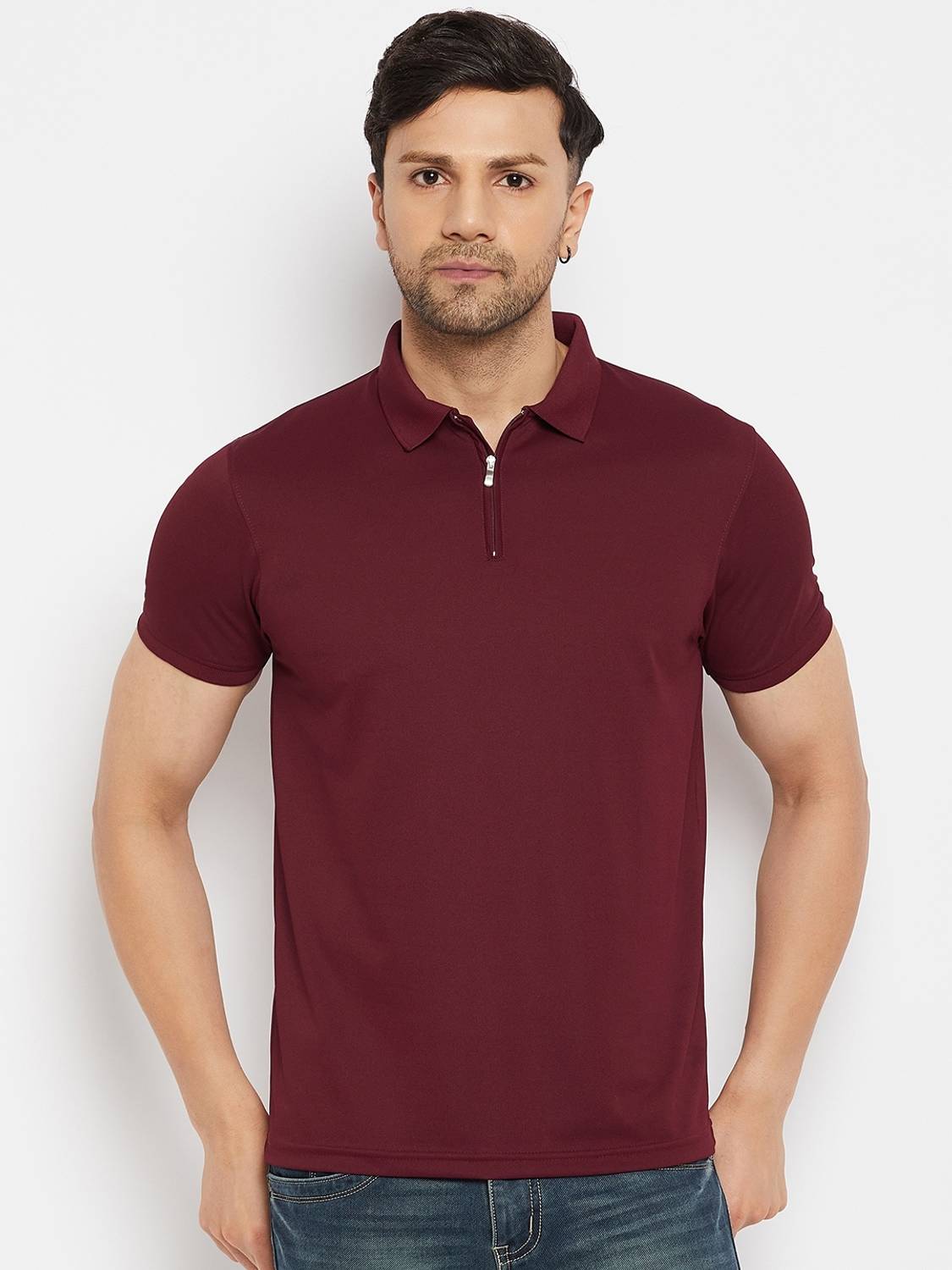 98 Degree North Solid Men Polo Neck Maroon T-Shirt