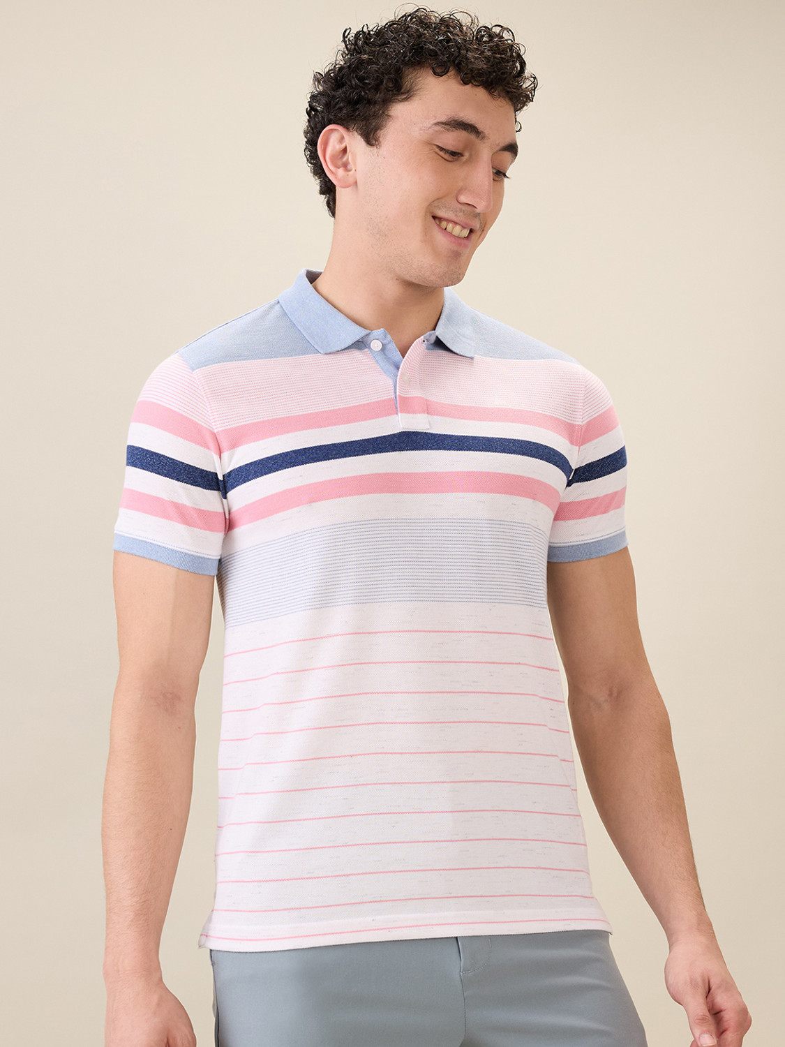 Image of PARX Striped Men Polo Neck Light Blue T-Shirt